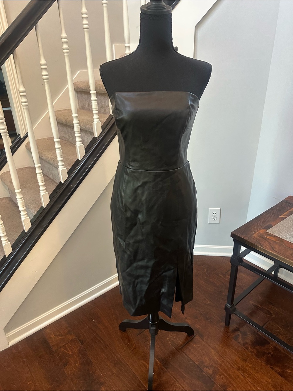 WHBM Black Faux Leather Strapless Midi Dress Size 6